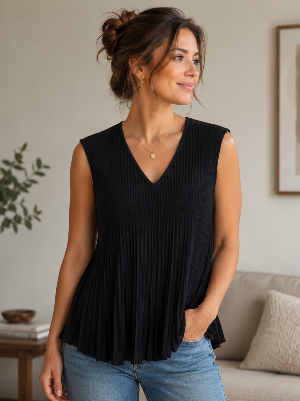 Misook Womens Accordion Pleat V Neck Sleeveless Tank Top Black Size Medium